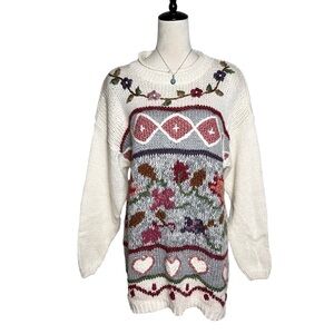 Vintage Cabin Creek Floral Heart Embroidered Knit Sweater Cottagecore Grannycore